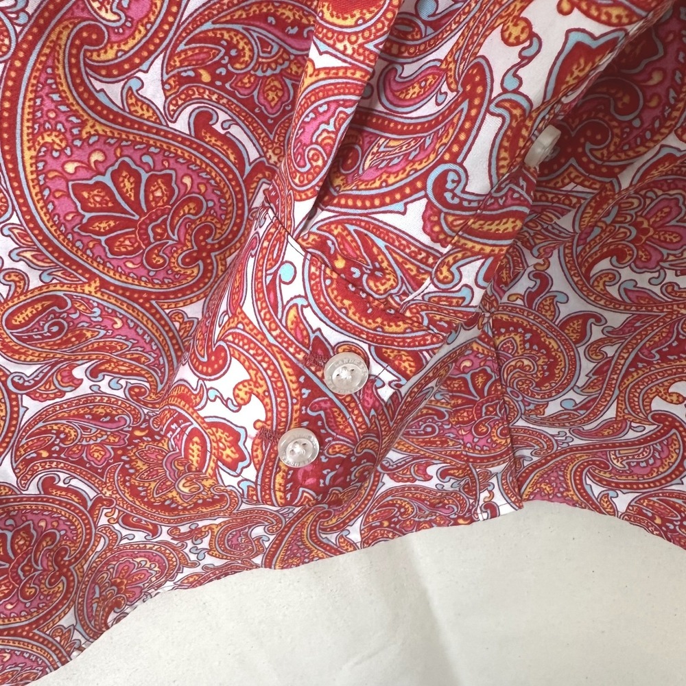 Lands End No Iron Boho Paisley Supima Cotton Button Down Shirt 10P Red Orange - Picture 9 of 10